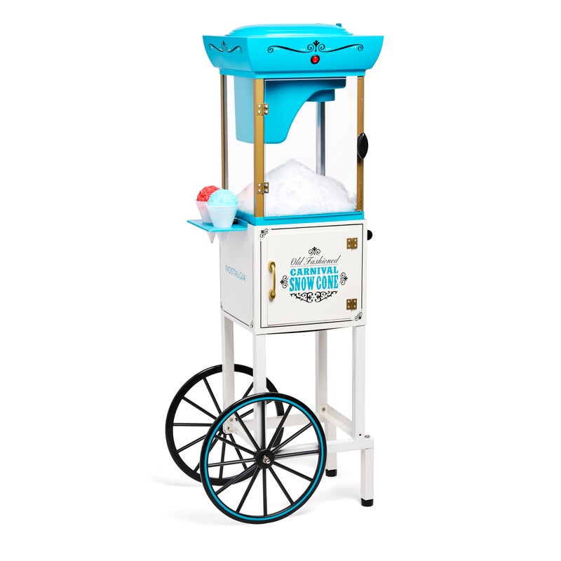 Nostalgia Snow Cone Shaved Ice Machine  Retro Cart Slushie Machine Makes 48 Icy Treats  Includes Metal Scoop Storage Compartment Wheels for Easy Mobility  White Blue
