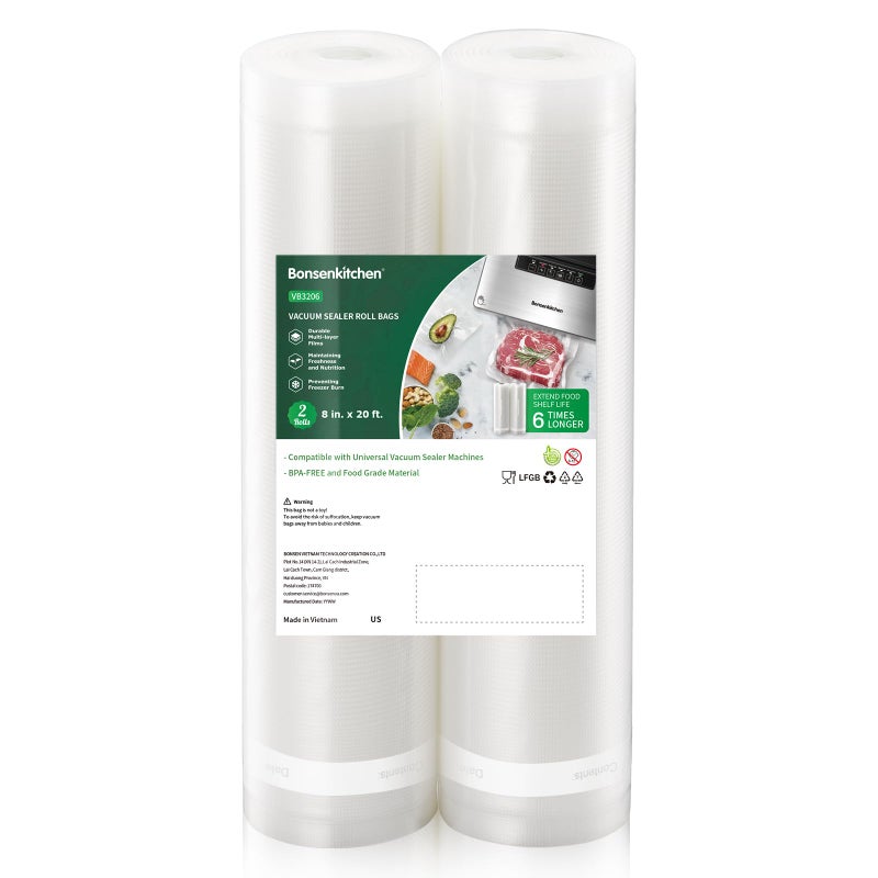Bonsenkitchen Vacuum Food Sealer Rolls Bags, 2 Packs 8 in x 20 ft, BPA Free, Durable Commercial Customized Size Bags for Storage and Sous Vide Cooking,VB3206 - Image 1