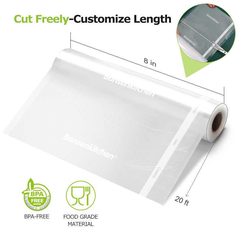 Bonsenkitchen Vacuum Food Sealer Rolls Bags, 2 Packs 8 in x 20 ft, BPA Free, Durable Commercial Customized Size Bags for Storage and Sous Vide Cooking,VB3206 - Image 5