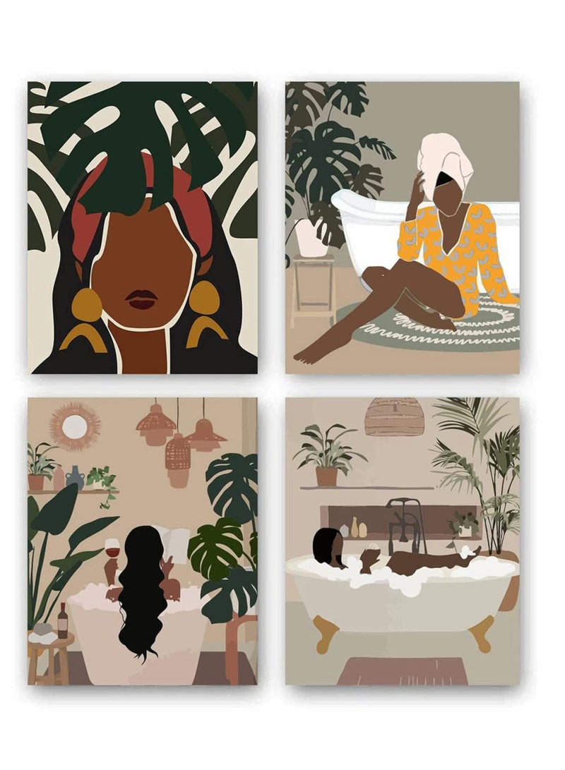 Excefore Art Painting, Modern Minimalist Black Woman Leaf Set of 4 Fashion Pop Boho Queen Girl Room Poster Painting Female Bathroom Bedroom Dressing Room Wall Home Decor Frameless (7.9”X11.8'') - Image 1