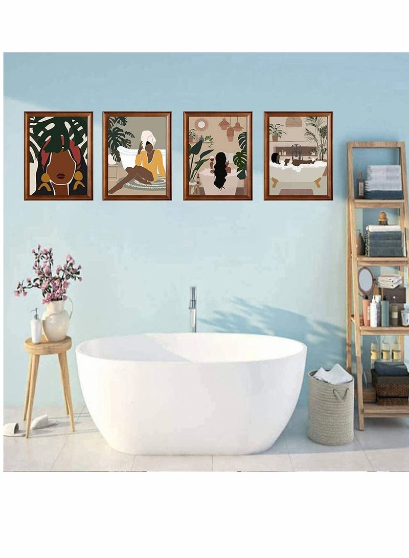 Excefore Art Painting, Modern Minimalist Black Woman Leaf Set of 4 Fashion Pop Boho Queen Girl Room Poster Painting Female Bathroom Bedroom Dressing Room Wall Home Decor Frameless (7.9”X11.8'') - Image 3