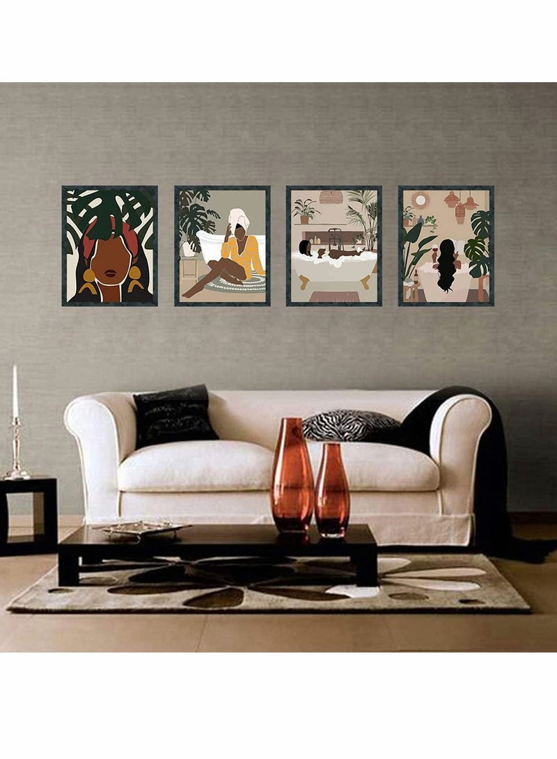 Excefore Art Painting, Modern Minimalist Black Woman Leaf Set of 4 Fashion Pop Boho Queen Girl Room Poster Painting Female Bathroom Bedroom Dressing Room Wall Home Decor Frameless (7.9”X11.8'') - Image 2
