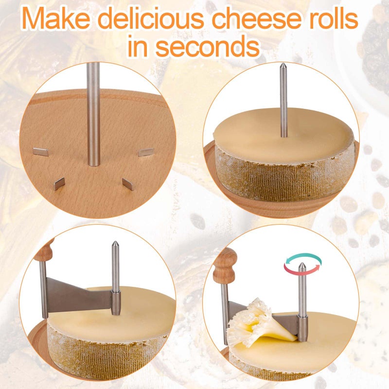 Penitue Cheese Curler Slicer, Wooden Base Create Rose Sharp Butter Flower Shaver Cutter Wheel with Stainless Steel Chocolate Cutting Tool for Restaurant Parmesan Camembert forTete De Moine Curls Maker - Image 4