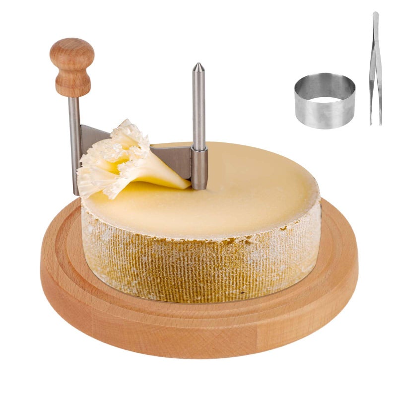Penitue Cheese Curler Slicer, Wooden Base Create Rose Sharp Butter Flower Shaver Cutter Wheel with Stainless Steel Chocolate Cutting Tool for Restaurant Parmesan Camembert forTete De Moine Curls Maker - Image 1