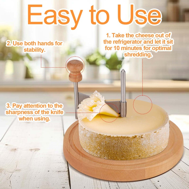 Penitue Cheese Curler Slicer, Wooden Base Create Rose Sharp Butter Flower Shaver Cutter Wheel with Stainless Steel Chocolate Cutting Tool for Restaurant Parmesan Camembert forTete De Moine Curls Maker - Image 3
