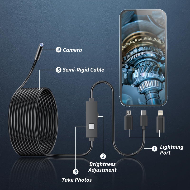 1920P HD Endoscope Camera with 8 Adjustable LED Lights, Semi-Rigid 16.4ft Snake Borescope for iOS and Android, Single Lens Inspection Camera - Image 2