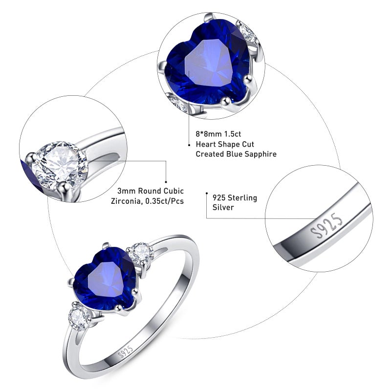 Yaresul Sapphire Ring for Women Sterling Silver Blue Heart Ring Sapphire Engagement Promise Ring for Her Token of Love September Birthstone Size 7 - Image 3