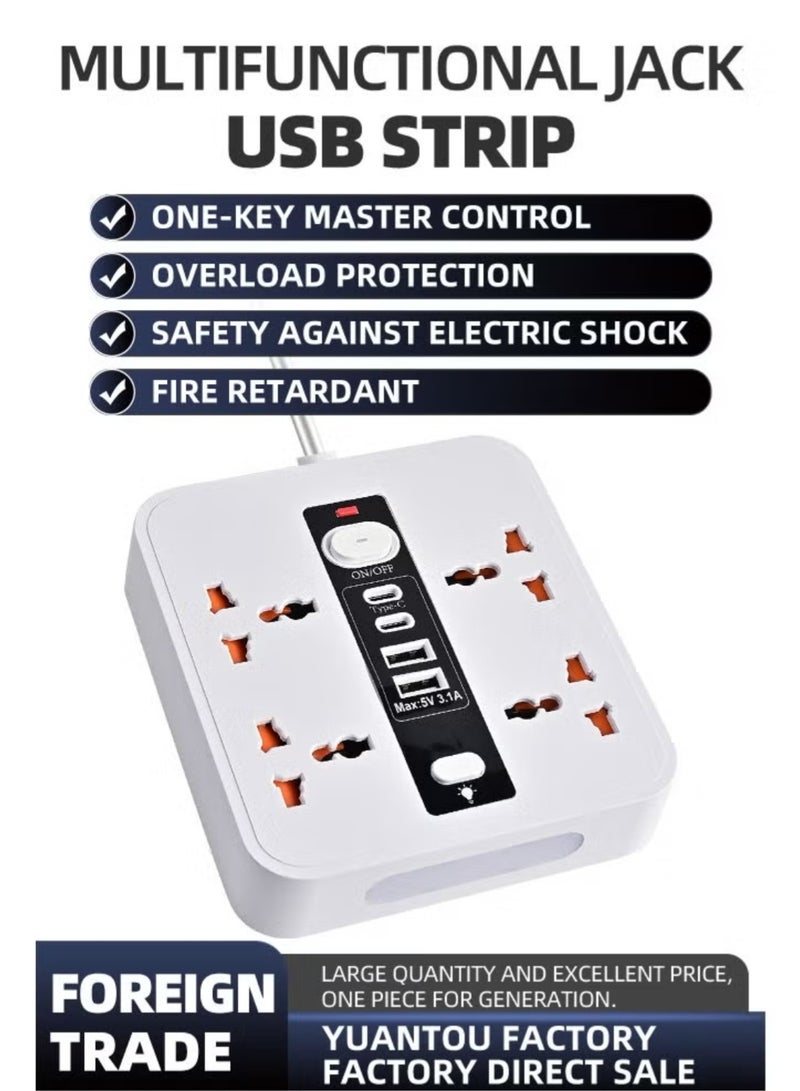 Extension Cord Protector Power Strip with 4 Outlets, 2 USB-A Ports, 2 USB-C Port, Flat Plug, Desk USB Charging Station, Ideal for All Electronic Devices, White, 5m Extension Socket with Long Power Cord With Night Lamp - Image 2