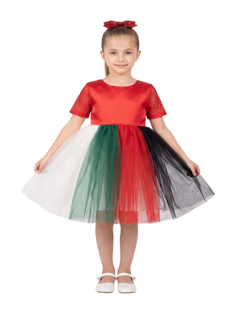 National Day Color-Block Tulle Twirl Dress with Lace Sleeves