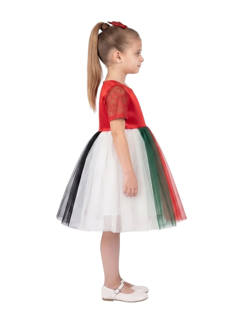 بيداني National Day Color-Block Tulle Twirl Dress with Lace Sleeves
