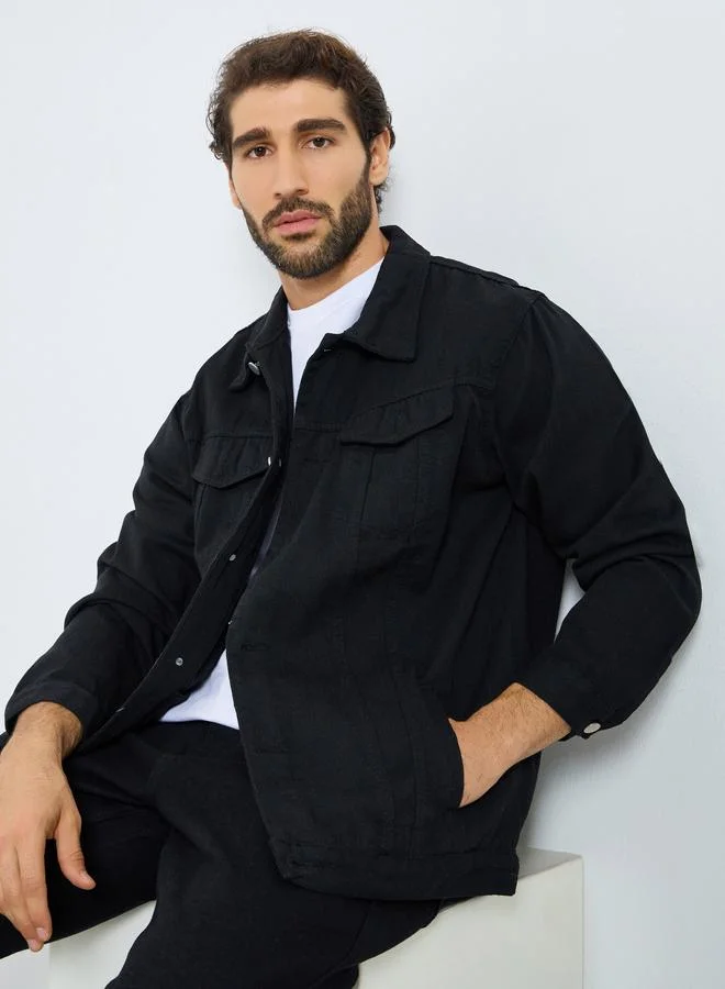 Styli Men Black Oversized Denim Jacket with Flap Pocket
