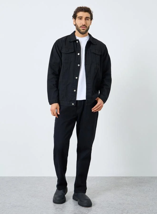 Styli Men Black Oversized Denim Jacket with Flap Pocket