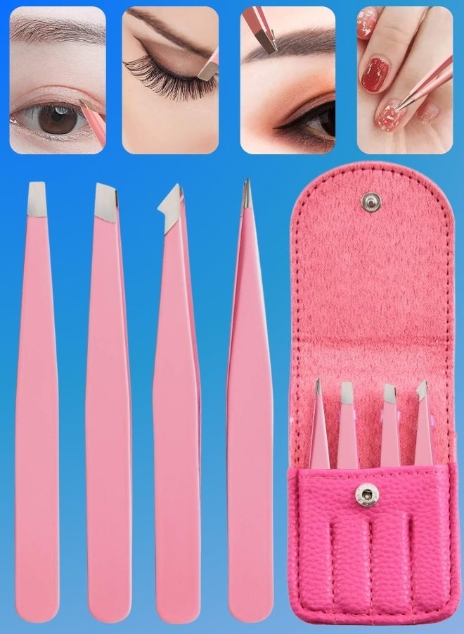 NIKITA.VIVI 4 Pcs Eyebrow Tweezers Set,Stainless Steel Precision Tweezer Kit for Eyebrows Facial Hair,Brow Tweezer Professional Tweezers Ingrown Hair & Splinter Removal Tool with Travel Case Leather Pink - Image 1