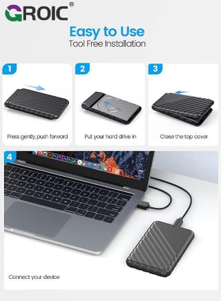 علبة قرص صلب خارجية سوداء مقاس 2.5 بوصة، مزودة بمنفذ USB 3.0 إلى SATA بسرعة 5 جيجابت في الثانية، تدعم أقراص SSD وHDD بسمك 7-9.5 مم، مع دعم أداة UASP Trim. - view 3