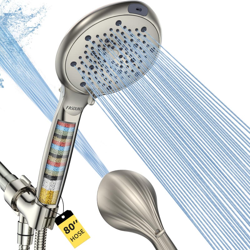 FASDUNT Filtered Shower Head with Handheld, 8-Mode Handheld Showerhead with Filters for Hard Water -Remove Chlorine, Built-in Power Wash, 80" Extra Long Stainless Steel Hose, Brushed Nickel - Image 1