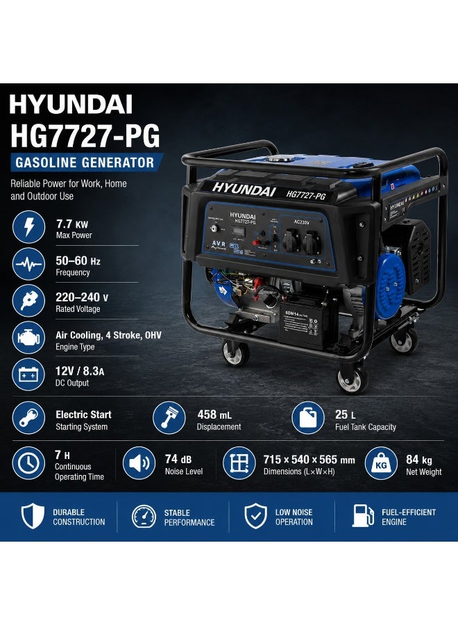 HYUNDAI Gasoline Generator Hyundai HG7727-PG 7.7KW 458cc Electric Start 25L Fuel Tank Portable Industrial Power Generator 220-240V Heavy Duty AVR System - Image 2