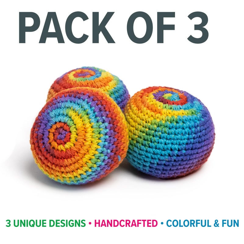 BOONI Handmade Crocheted Footbag- Pack of 3 â€“ Durable Woven Cotton Kick Ball for Style Games, Juggling, Tricks & Outdoor Games - Great as Stress Relief Fidget Toysâ€“ Made in Nepal - Image 3