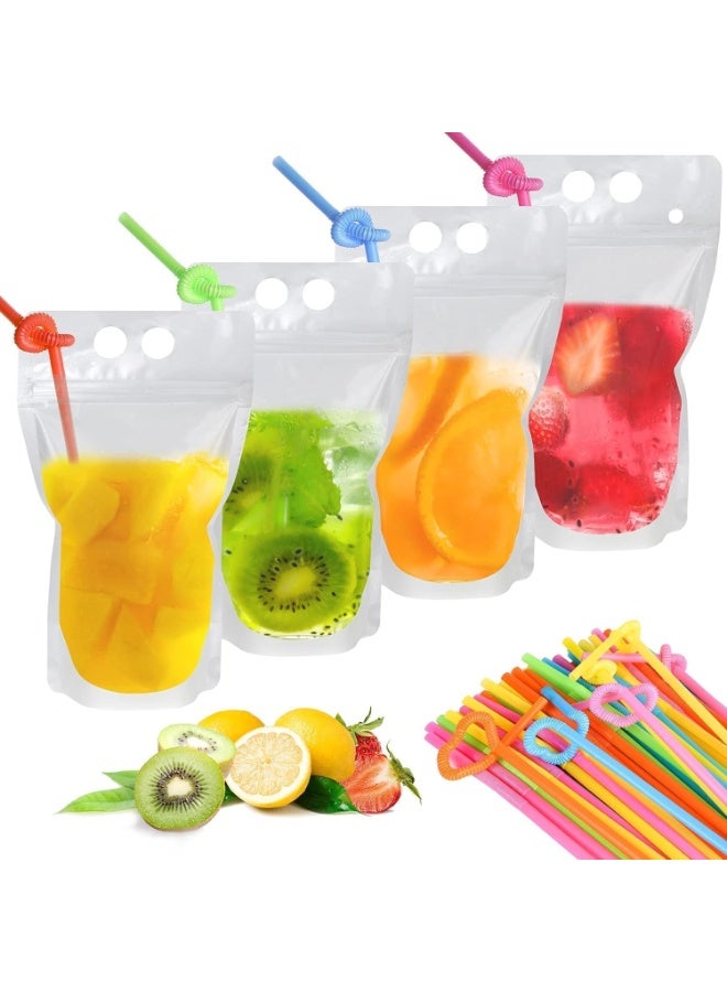 100 Pcs Drink Pouches with 100 Drink Straws, Reusable Smoothie Bags Juice Pouches, Heavy Duty Hand Held Translucent Zipper Plastic Ice Drink Pouches, BPA Free, for Adults and Kids - Image 1