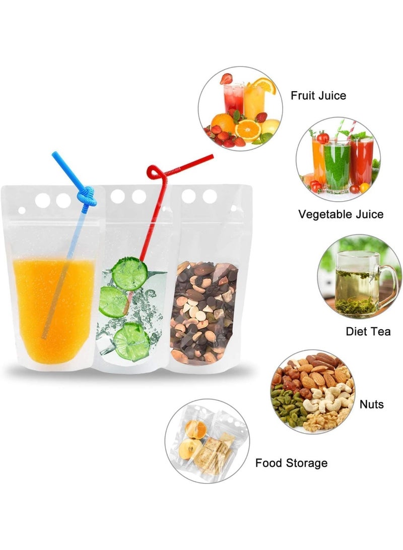 100 Pcs Drink Pouches with 100 Drink Straws, Reusable Smoothie Bags Juice Pouches, Heavy Duty Hand Held Translucent Zipper Plastic Ice Drink Pouches, BPA Free, for Adults and Kids - Image 4