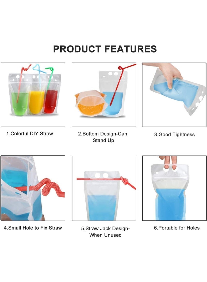 100 Pcs Drink Pouches with 100 Drink Straws, Reusable Smoothie Bags Juice Pouches, Heavy Duty Hand Held Translucent Zipper Plastic Ice Drink Pouches, BPA Free, for Adults and Kids - Image 5