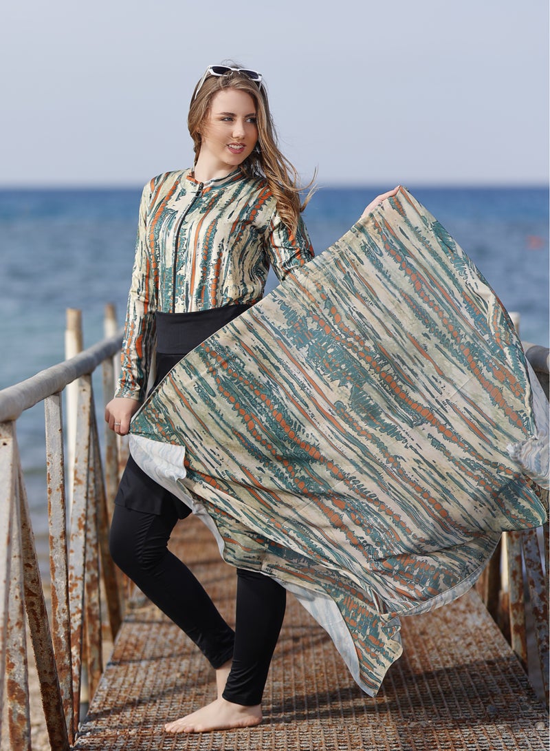  داماس كولكشن طقم بوركيني نسائي محتشم مكون من 5 قطع – بدلة سباحة بتغطية كاملة وقماش طارد للماء – مع تنورة وقبعة وطرحة خصر وشنطة – لحماية الجسم من أشعة الشمس - Image 1