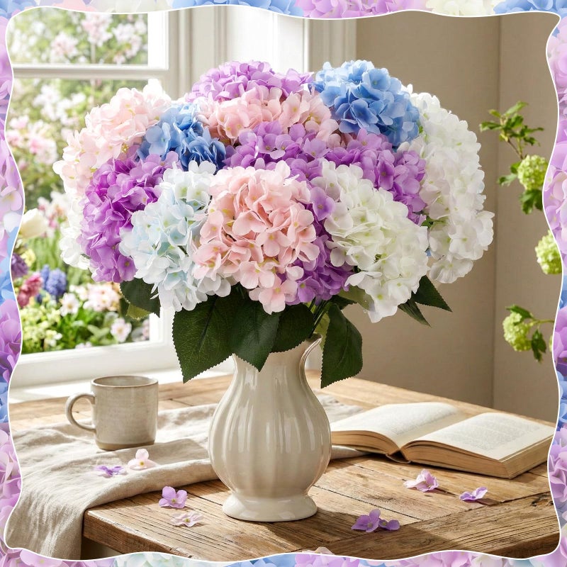 Suncalla Multicolor 6 Bundles Hydrangea Artificial Flowers Bulk 30 Heads 20'' Faux Fake Hydrangea for Spring Easter Decor Porch Indoor Outdoor Home Garden Wedding Table Centerpieces - Image 3