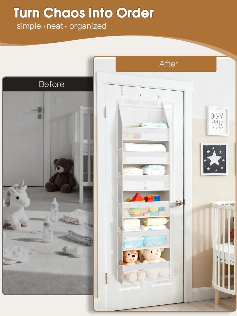 Criusia Over the Door Organizer, Heavy-Duty 6-Shelf Hanging Storage with 13 Mesh Pockets, 55lbs Capacity Behind the Door Storage for Nursery, Bathroom, Bedroom, and Dorm, White - Image 2