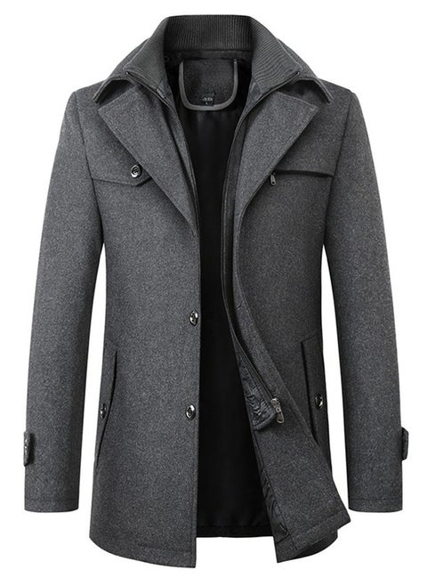 Men's Woolen Casual Coat Slim Fit Double Collar Jacket Overcoat with Pockets Grey