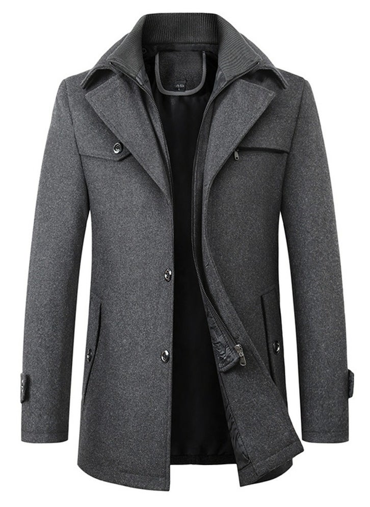 Loquat Men's Woolen Casual Coat Slim Fit Double Collar Jacket Overcoat with Pockets Grey  - Image 1