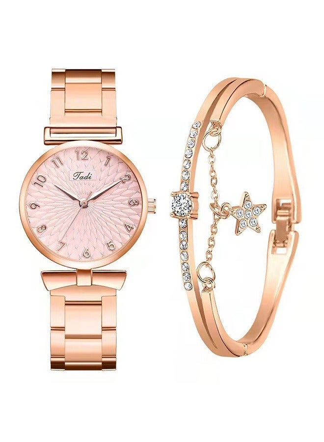 ساعة هدايا مجموعة مع سوار ورد الذهب للسيدة الإناث أنيقة فاخرة ساعات المعصم الساعات السوار الأنيقة - Image 1