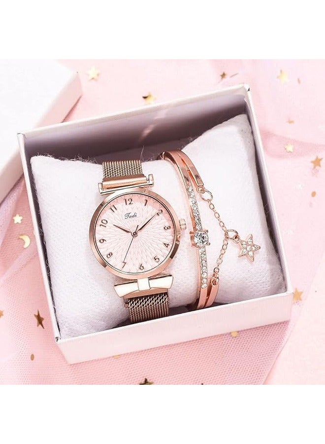 ساعة هدايا مجموعة مع سوار ورد الذهب للسيدة الإناث أنيقة فاخرة ساعات المعصم الساعات السوار الأنيقة - Image 5