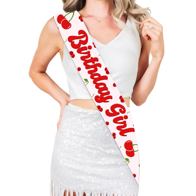 Merrystorm Cherry Birthday Sash, Cherry Birthday Party Decorations Cherry on Top Birthday Decor Cherry Sweet Birthday Girl Sash for Girls Berry Fruit Birthday Party Supplies - Image 1