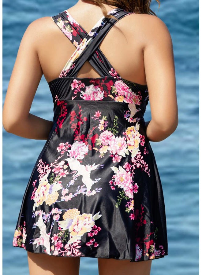 COCOPEAR Women's Elegant Crossover One Piece Swimdress Floral Skirted Swimsuit, Floral 37, M - Image 4