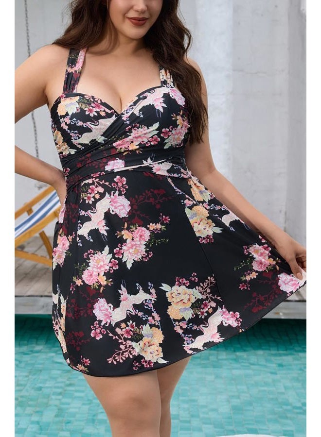 COCOPEAR Women's Elegant Crossover One Piece Swimdress Floral Skirted Swimsuit, Floral 37, M - Image 3