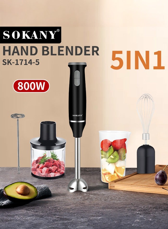 sokany 5 In 1 Hand Blender,800W Hand Blender Chopper Whisker Mixer Milk Frother, Durable Stainless Steel Blade & Removable Stick | Comes with 600ml Plastic Jar, 500ml Chopper,SK-1714-5,Black - Image 2