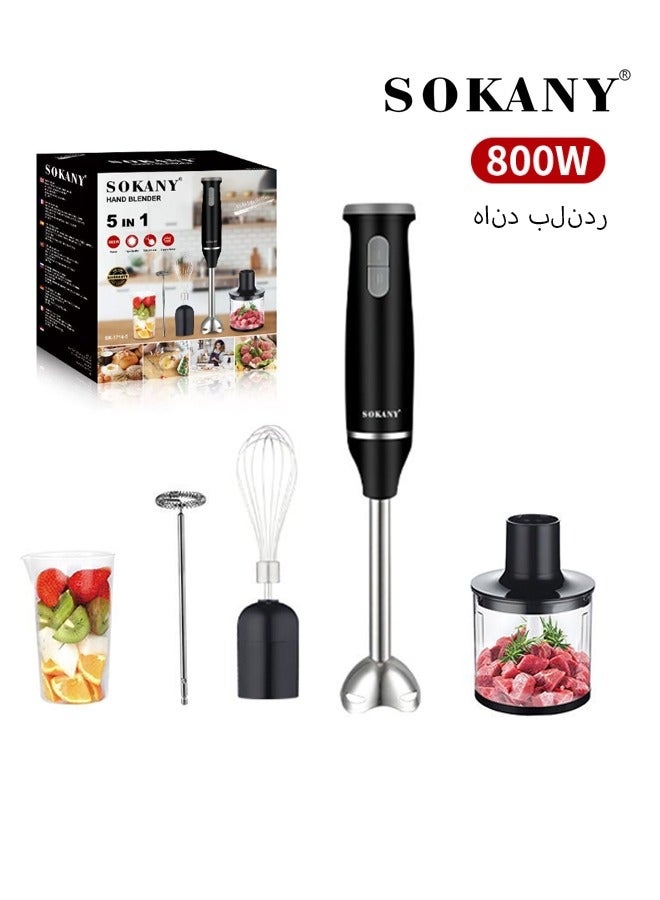 sokany 5 In 1 Hand Blender,800W Hand Blender Chopper Whisker Mixer Milk Frother, Durable Stainless Steel Blade & Removable Stick | Comes with 600ml Plastic Jar, 500ml Chopper,SK-1714-5,Black - Image 1