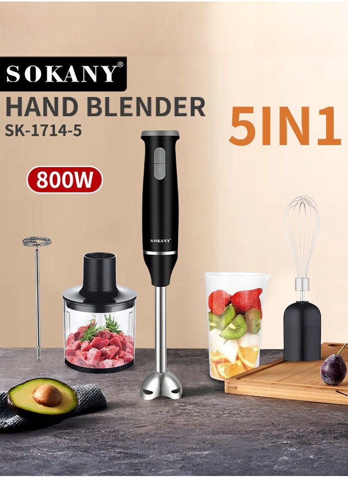 sokany 5 In 1 Hand Blender,800W Hand Blender Chopper Whisker Mixer Milk Frother, Durable Stainless Steel Blade & Removable Stick | Comes with 600ml Plastic Jar, 500ml Chopper,SK-1714-5,Black  - Image 1
