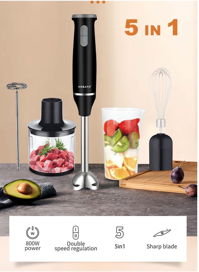 sokany 5 In 1 Hand Blender,800W Hand Blender Chopper Whisker Mixer Milk Frother, Durable Stainless Steel Blade & Removable Stick | Comes with 600ml Plastic Jar, 500ml Chopper,SK-1714-5,Black  - Image 4