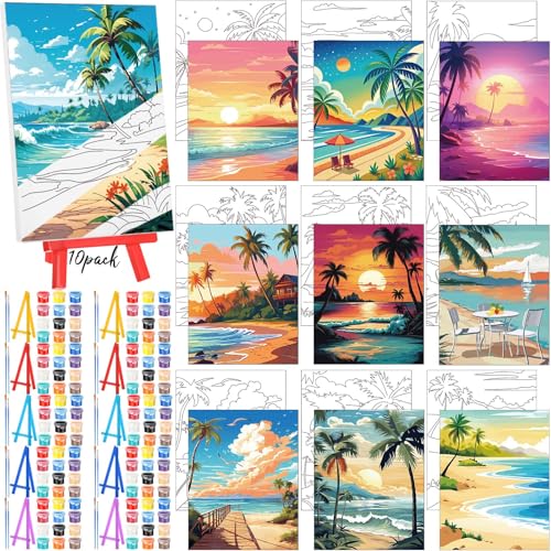Blosssound بلوسساوند 10 مجموعة قماش مطبوع مسبقًا مع أطقم حامل 5" × 7" لوحات رسم مبدئية للمبتدئين، مشروع حرفي، هدايا حفلات، ديكورات منزلية (هاواي) - Image 1