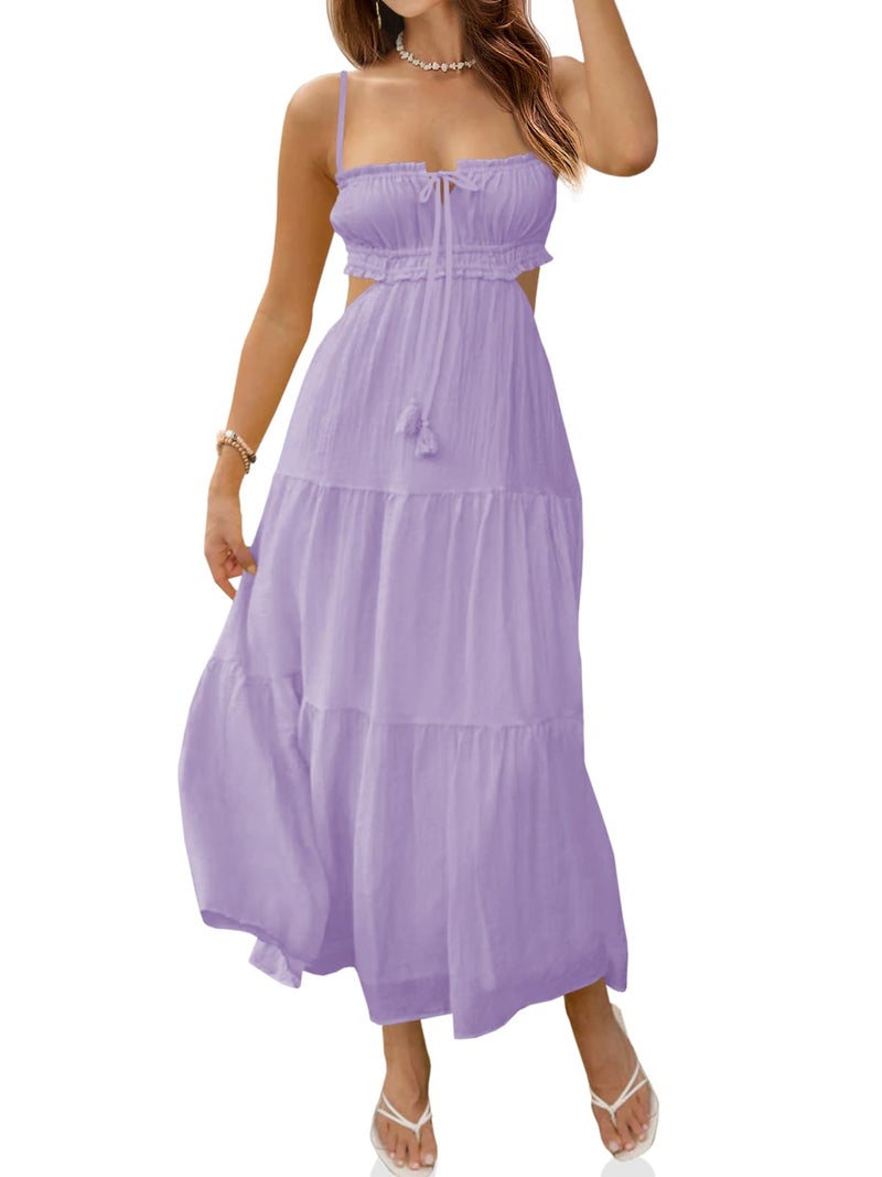 Fisoew Women's Spaghetti Strap Maxi Dress Summer Sleeveless Side Cut Out Dress Casual Boho Backless Flowy Long Dresses Light Purple - Image 1