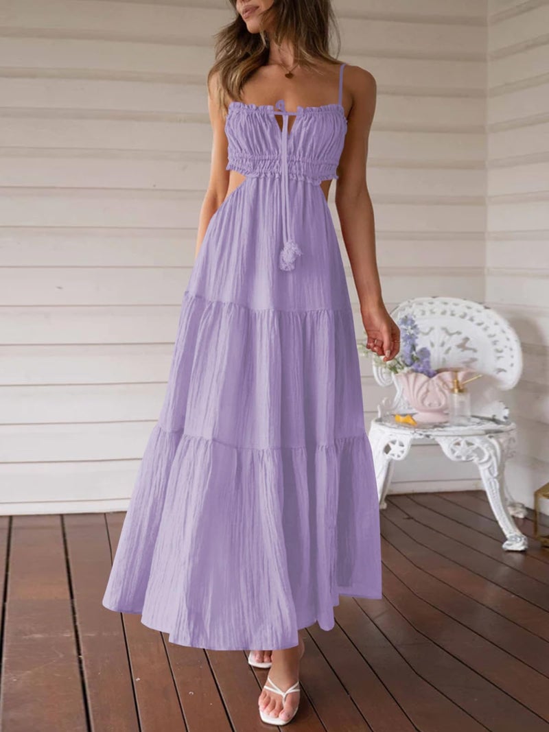 Fisoew Women's Spaghetti Strap Maxi Dress Summer Sleeveless Side Cut Out Dress Casual Boho Backless Flowy Long Dresses Light Purple - Image 2