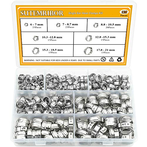 Sutemribor 304 Stainless Steel 7-21mm Single Ear Hose Clamps Assortment Kit, 128PCS - Image 1