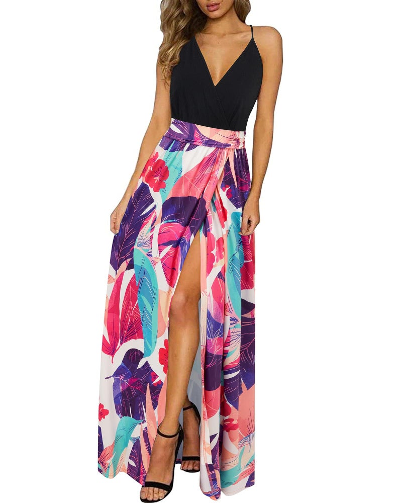 Newshows Womens' Summer 2025 Plus Size Spaghetti Strap Sleeveless Casuales Split Spring Clothes Tropical Laua Party Long Flowy Maxi Flowy Dress(Black Floral Purple, M) - Image 1