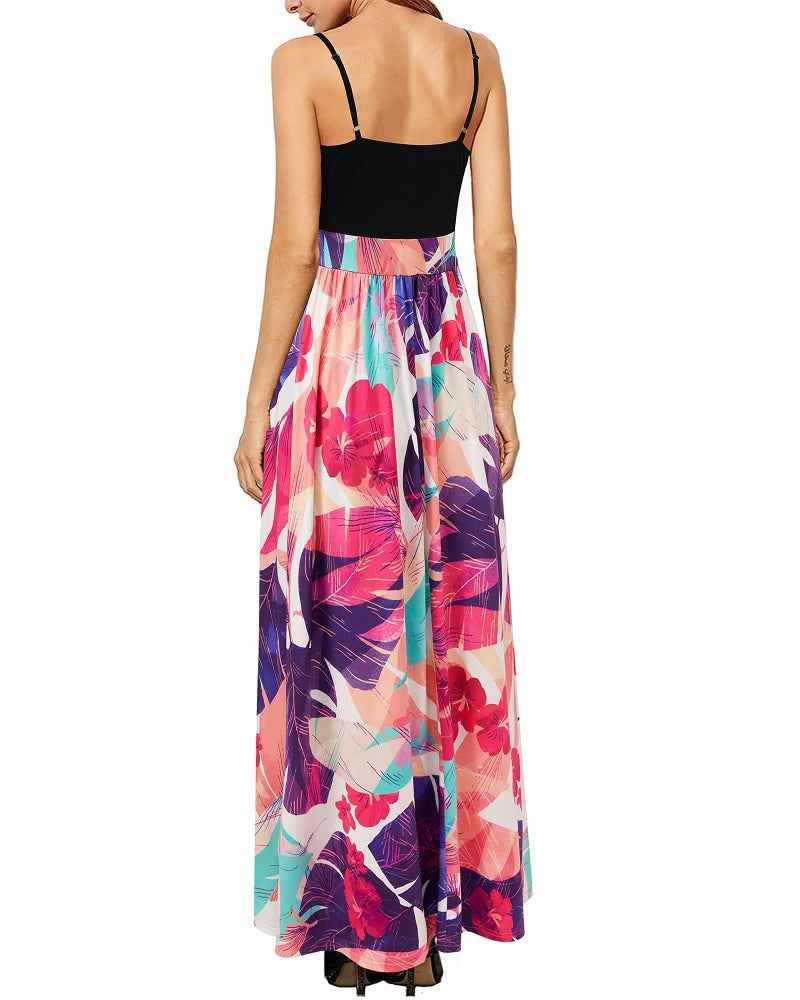 Newshows Womens' Summer 2025 Plus Size Spaghetti Strap Sleeveless Casuales Split Spring Clothes Tropical Laua Party Long Flowy Maxi Flowy Dress(Black Floral Purple, M) - Image 5