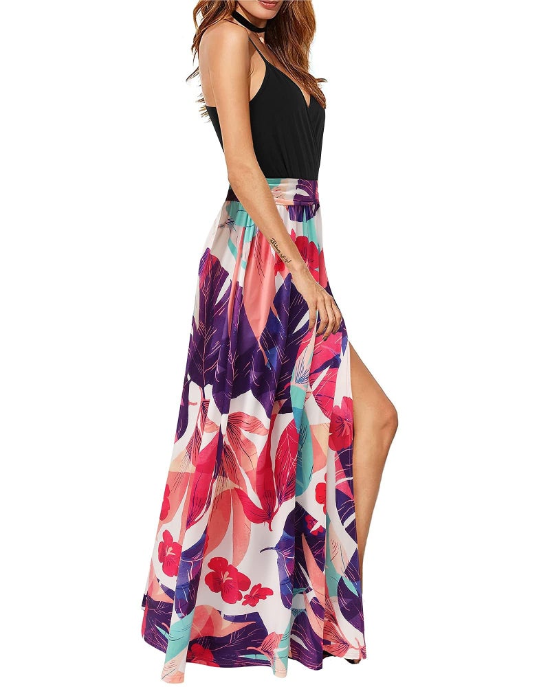 Newshows Womens' Summer 2025 Plus Size Spaghetti Strap Sleeveless Casuales Split Spring Clothes Tropical Laua Party Long Flowy Maxi Flowy Dress(Black Floral Purple, M) - Image 4