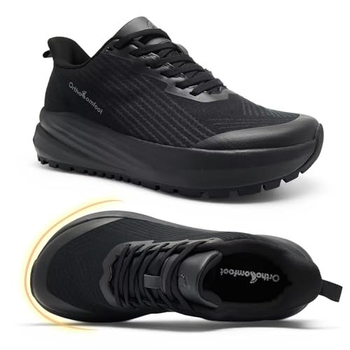 OrthoComfoot Women's Orthopedic Diabetic Wide Slip On Tennis Shoes: Orthotic Neuropathy Arch Support Plantar Fasciitis Metatarsal Trail Sneakers, Non Slip Mid Trekking Hiking Training Walking Shoes Black Size 9 - Image 1
