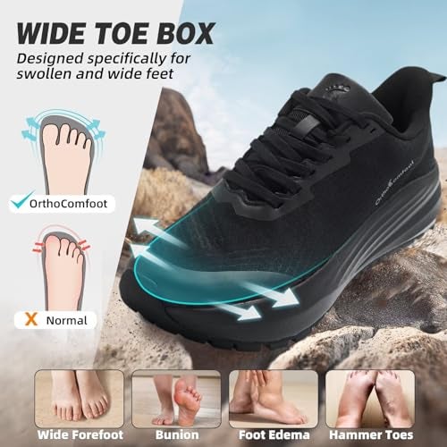 OrthoComfoot Women's Orthopedic Diabetic Wide Slip On Tennis Shoes: Orthotic Neuropathy Arch Support Plantar Fasciitis Metatarsal Trail Sneakers, Non Slip Mid Trekking Hiking Training Walking Shoes Black Size 9 - Image 3