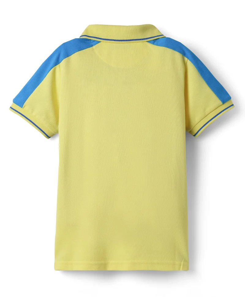 Pine Kids Pine Kids Cotton Knit Half Sleeves Cut & Sew Polo T-Shirt with Fun Time Text Print - Lemon Yellow & Blue