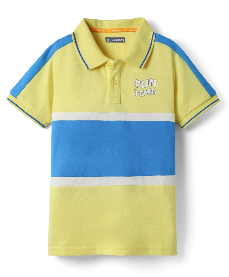 Pine Kids Pine Kids Cotton Knit Half Sleeves Cut & Sew Polo T-Shirt with Fun Time Text Print - Lemon Yellow & Blue