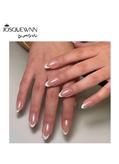 JOSQUEWNN Press on nails 24PCS, Minimalist French White Short Almond-Shaped High-Quality Wearable Nails, Fashionable Coated Design Reusable False Nails, Perfectly Showcasing Elegant Temperament and Individual Charm in Nail Art Choice.Fake Acrylic Nails With Glue Kit.  - Image 1